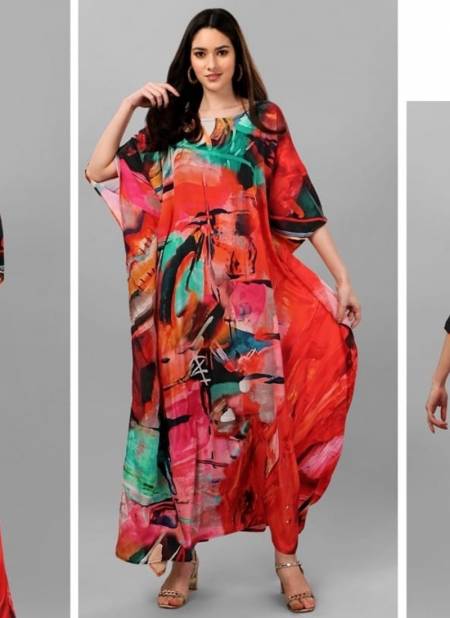 Red Colour Silk Kaftan Jelite New Latest Designer Feather Silk Kaftan Kurti Collection 102